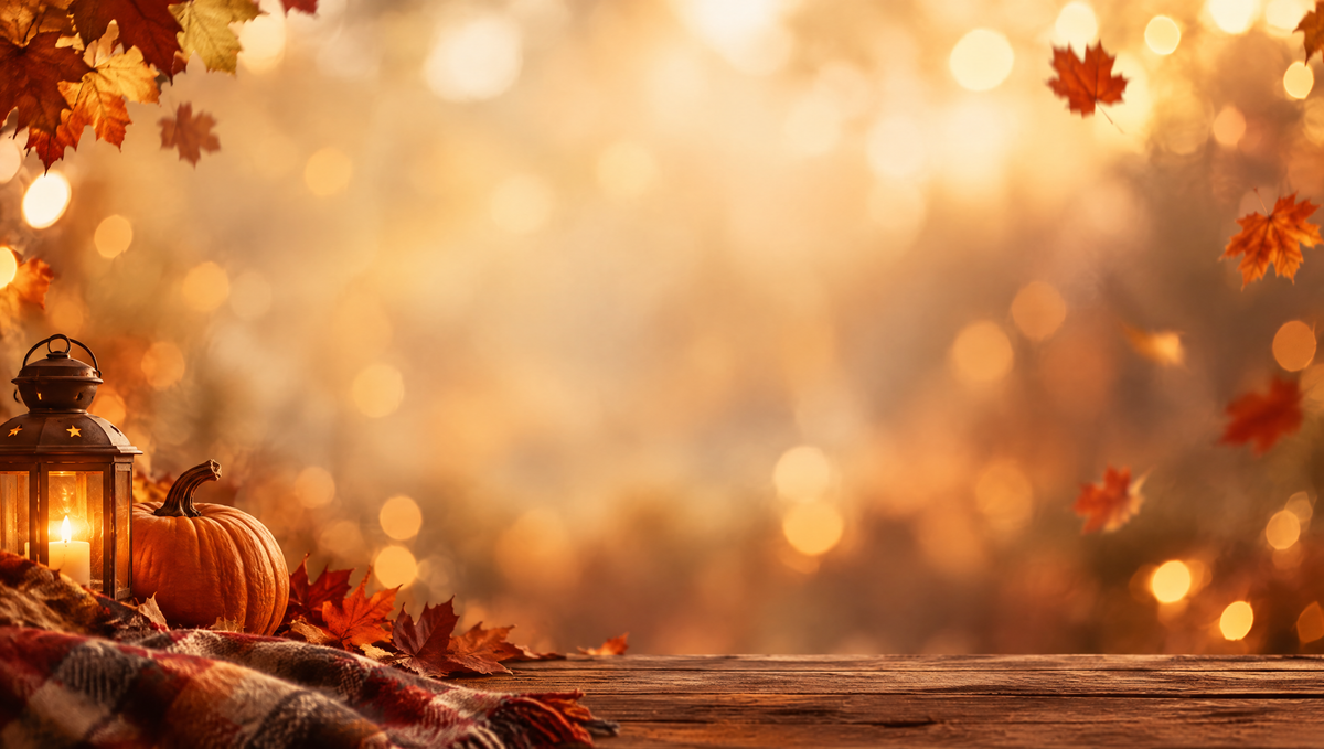 Cozy fall home decor with autumn leaves and warm lighting